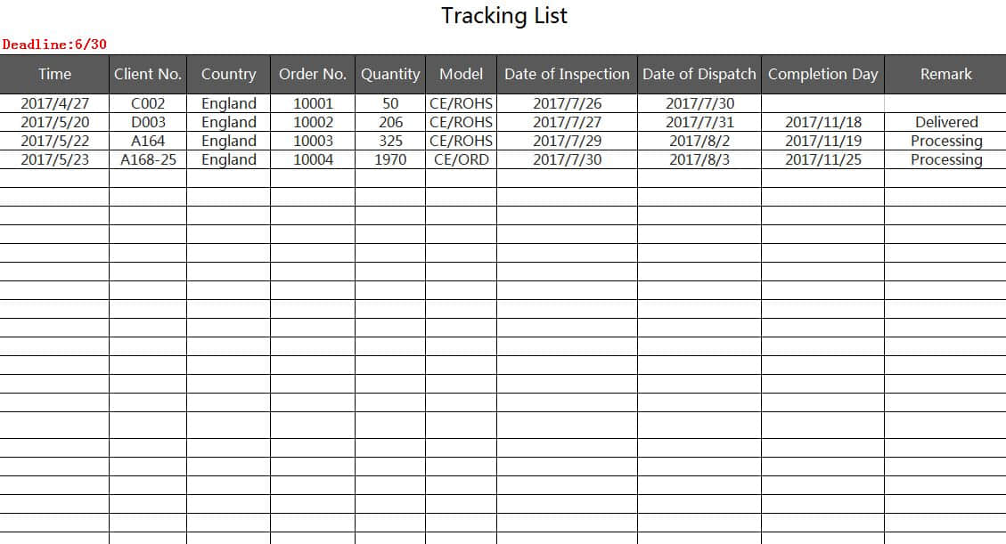 EXCEL Of Tracking List Xls WPS Free Templates